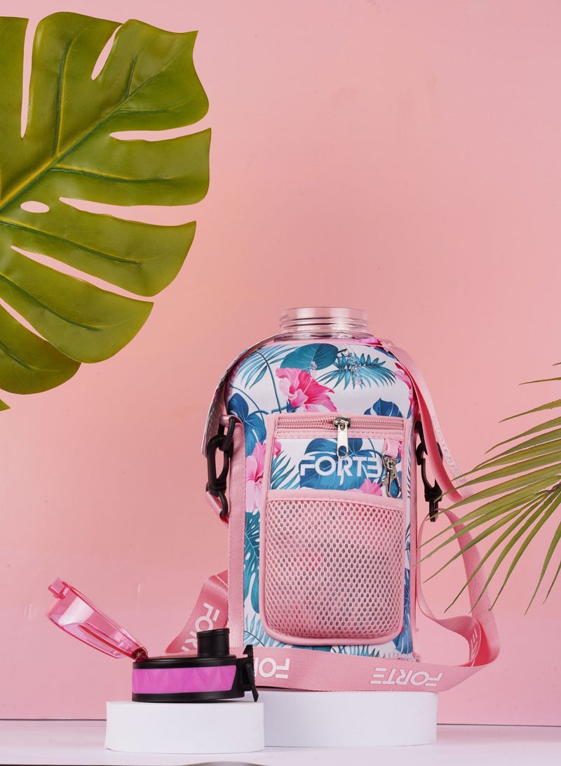 Forte Forte Large Water Bottle  Reusable Bottle with Strap Gym Water Jug with measurements  Water Storage with Pouch  Refillable Water Bottles with Phone Case and Key Ring (Floral Pink) - Image 3