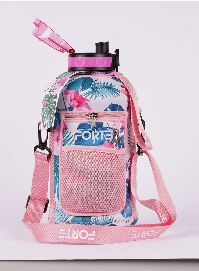 Forte Forte Large Water Bottle  Reusable Bottle with Strap Gym Water Jug with measurements  Water Storage with Pouch  Refillable Water Bottles with Phone Case and Key Ring (Floral Pink) - Image 4