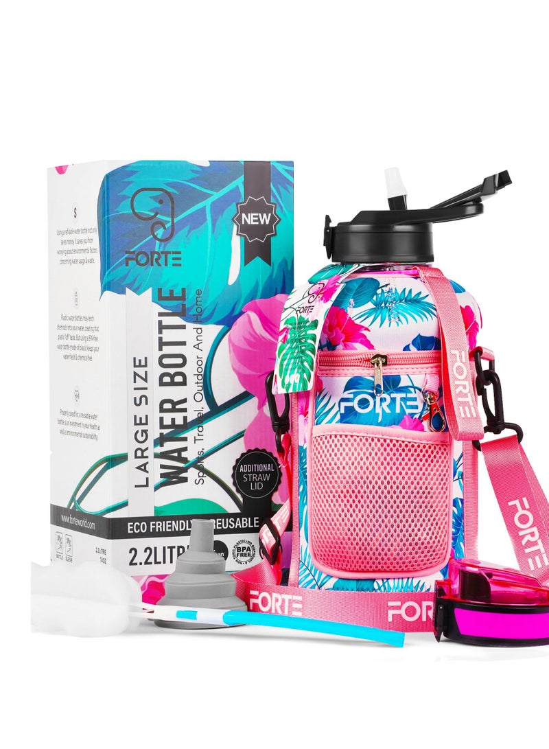 Forte Forte Large Water Bottle  Reusable Bottle with Strap Gym Water Jug with measurements  Water Storage with Pouch  Refillable Water Bottles with Phone Case and Key Ring (Floral Pink) - Image 1