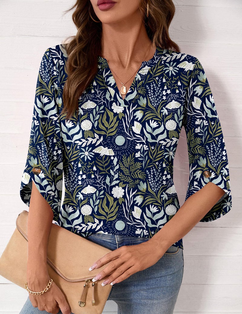 Kistore Ladies Spring Tops 3/4 Sleeve V Neck Casual Work Blouses for Leggings 2026 Flowy Dressy Tshirts Navy Blue Print S - Image 3