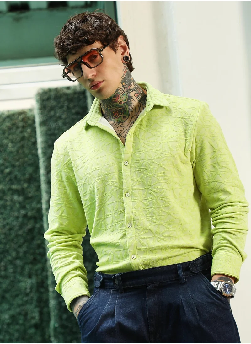 كامبوس سوترا Lime Green Textured Full Sleeve Shirt For Men