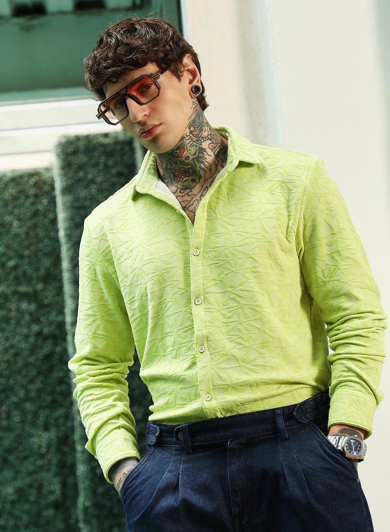 Campus Sutra Lime Green Textured Full Sleeve Shirt For Men  - Image 1