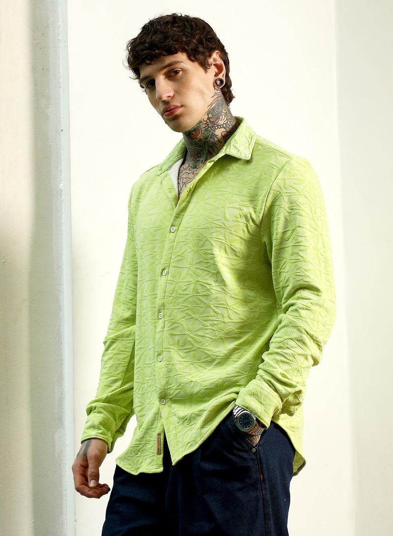 Campus Sutra Lime Green Textured Full Sleeve Shirt For Men  - Image 3