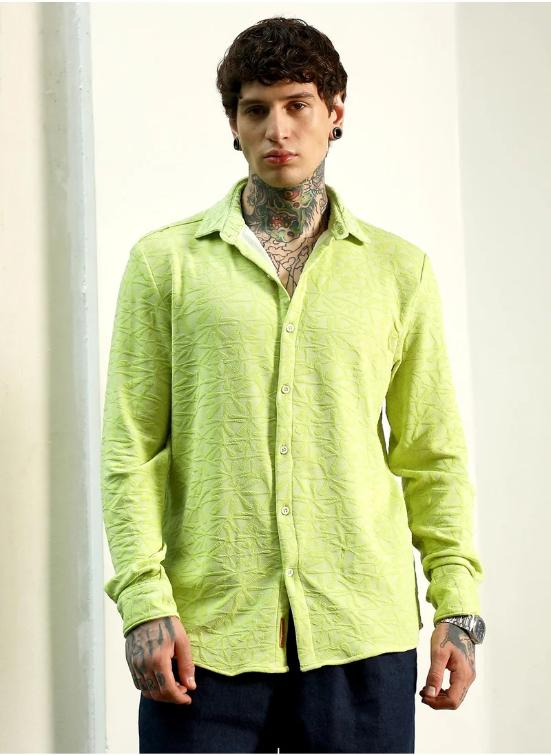 كامبوس سوترا Lime Green Textured Full Sleeve Shirt For Men