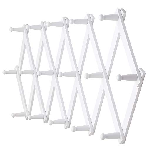 Dseap Accordian Wall Hanger: 16” High Wooden Wall Expandable Coat Rack, Hat Rack Holder, Accordion Hook for Baseball Caps, Coats, Mugs, 16 Peg Hooks, White - Image 1