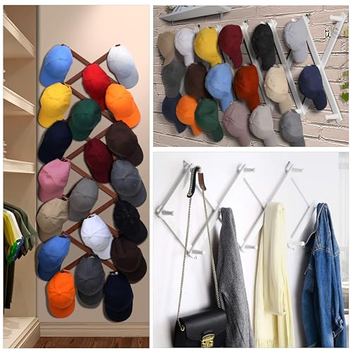 Dseap Accordian Wall Hanger: 16” High Wooden Wall Expandable Coat Rack, Hat Rack Holder, Accordion Hook for Baseball Caps, Coats, Mugs, 16 Peg Hooks, White - Image 3