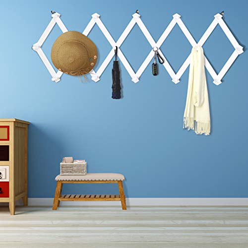 Dseap Accordian Wall Hanger: 16” High Wooden Wall Expandable Coat Rack, Hat Rack Holder, Accordion Hook for Baseball Caps, Coats, Mugs, 16 Peg Hooks, White - Image 2