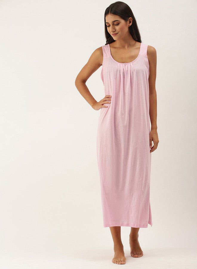 Red Rose RedRose Women Pure Cotton Sleeveless Maxi Nightdress in Solid Pink - Image 1