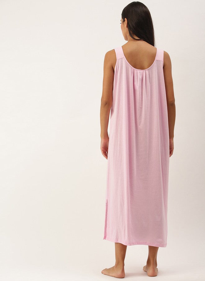 Red Rose RedRose Women Pure Cotton Sleeveless Maxi Nightdress in Solid Pink - Image 4