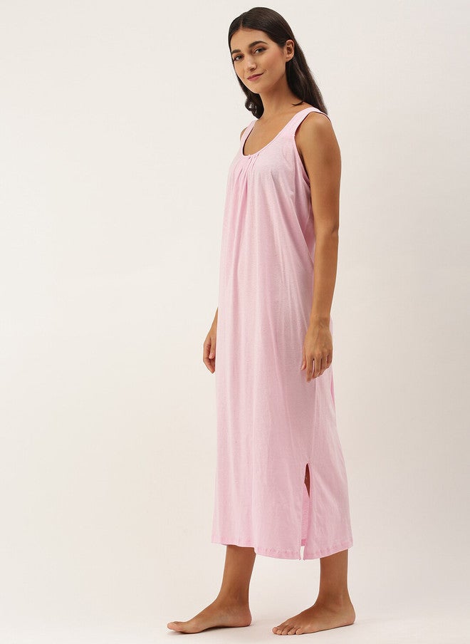 Red Rose RedRose Women Pure Cotton Sleeveless Maxi Nightdress in Solid Pink - Image 3