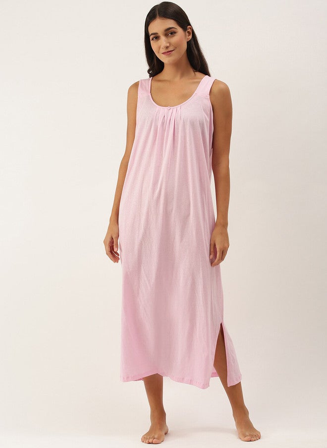 Red Rose RedRose Women Pure Cotton Sleeveless Maxi Nightdress in Solid Pink - Image 5