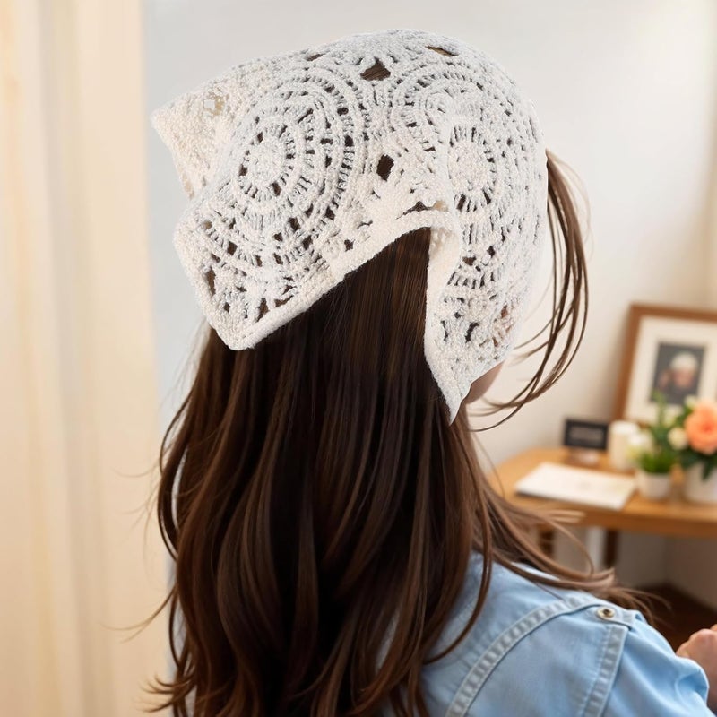 3PCS Vintage Crochet Headbands for Women - Hollow Knitted Hair Scarf Bandanas (Black, Beige, Brown) - Image 3