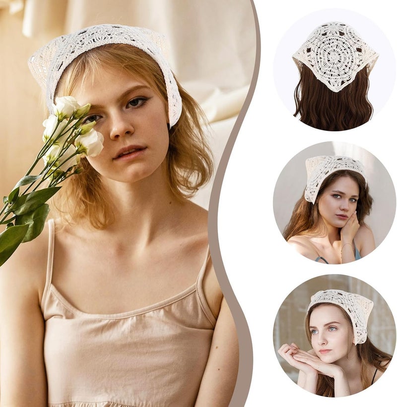 3PCS Vintage Crochet Headbands for Women - Hollow Knitted Hair Scarf Bandanas (Black, Beige, Brown) - Image 4