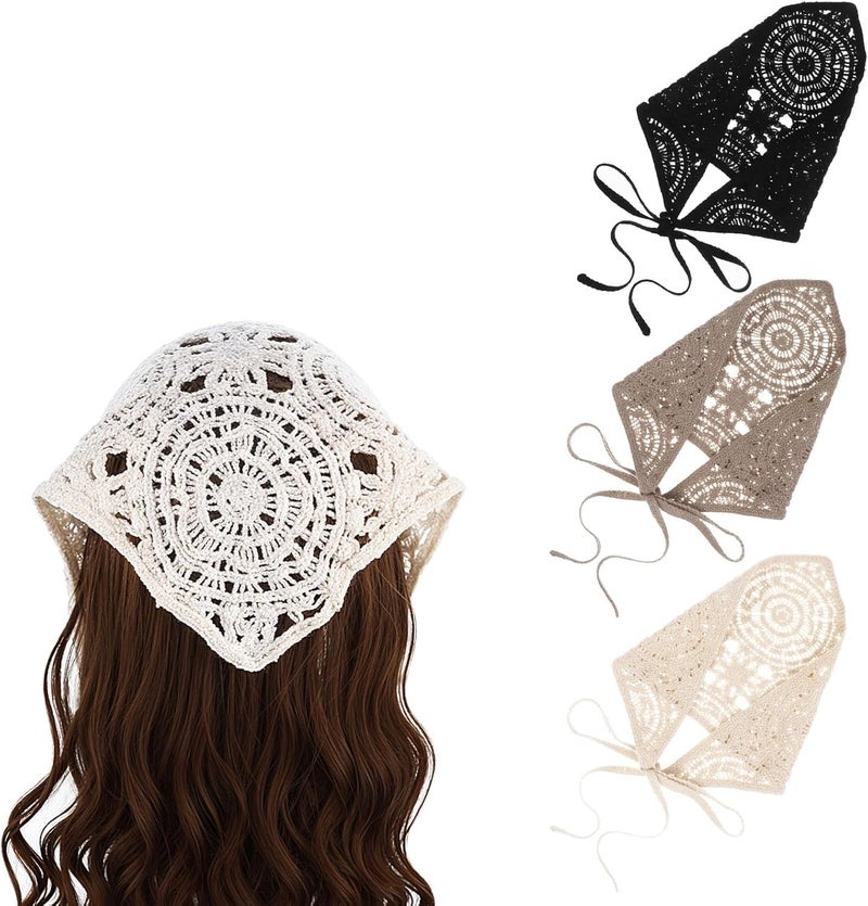 3PCS Vintage Crochet Headbands for Women - Hollow Knitted Hair Scarf Bandanas (Black, Beige, Brown) - Image 1