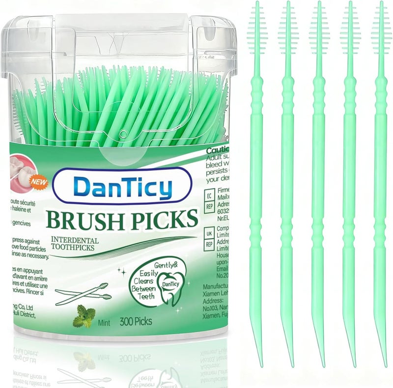 دانتيسي أعواد أسنان بنكهة النعناع من ، أعواد أسنان بينية من Brushpicks، أعواد خيط تنظيف الأسنان ذات الشعيرات الناعمة، تساعد في إزالة البلاك والحطام بين أسنانك، نعناع، 300 قطعة (عبوة من 1) - Image 1