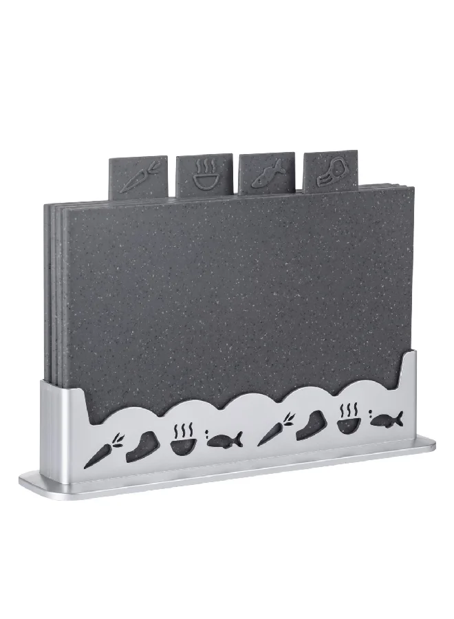 PARFAIT 4-Piece Rectangular Kitchen Cutting Board with Stand Grey and Silver 24 x 9 x 34 cm HS-1221NM