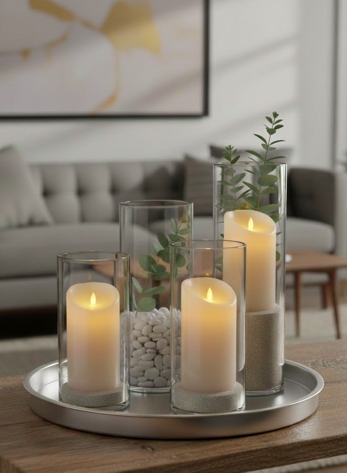 مادو جاليري مجموعة مزهريات أسطوانية زجاجية من مادو جاليري، مكونة من ٤ قطع، حاملات زهور وشموع مزخرفة للمنزل أو حفل الزفاف | تتوفر خيارات الشموع العائمة والأعمدة (اشترِها مع عبوة من ٤ قطع من الشموع البلاستيكية العمودية) - Image 1