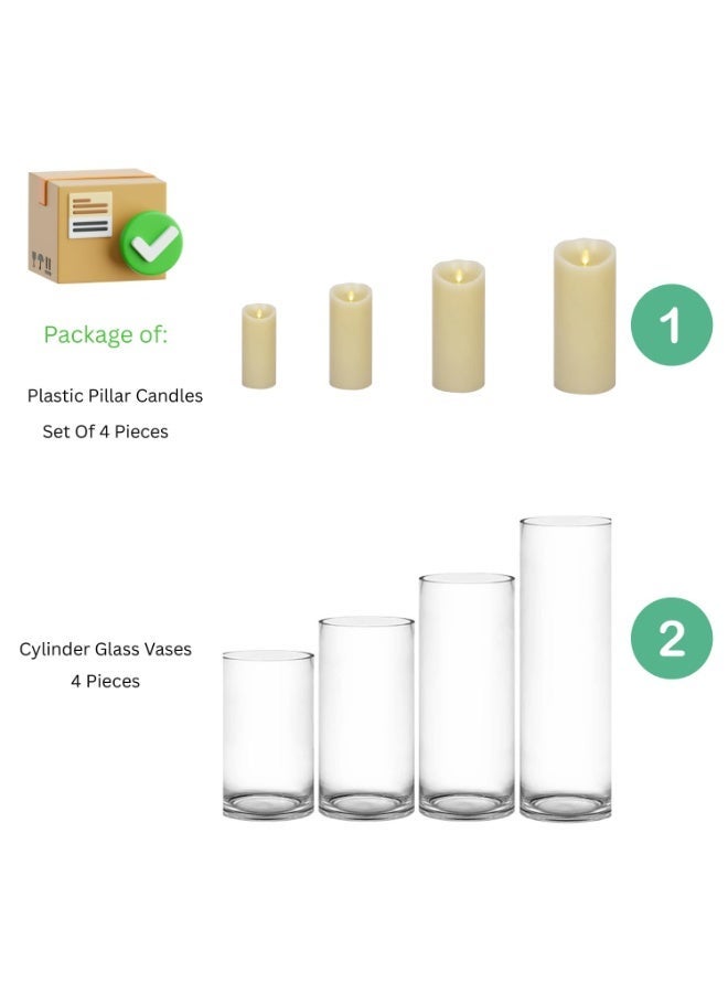 مادو جاليري مجموعة مزهريات أسطوانية زجاجية من مادو جاليري، مكونة من ٤ قطع، حاملات زهور وشموع مزخرفة للمنزل أو حفل الزفاف | تتوفر خيارات الشموع العائمة والأعمدة (اشترِها مع عبوة من ٤ قطع من الشموع البلاستيكية العمودية) - Image 3