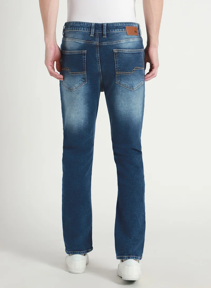 Dennis Lingo Men's Mid Blue 100% Cotton Solid Pattern Full Length Straight Fit Jeans