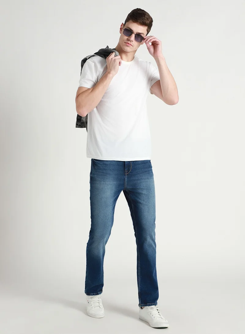 Dennis Lingo Men's Mid Blue 100% Cotton Solid Pattern Full Length Straight Fit Jeans
