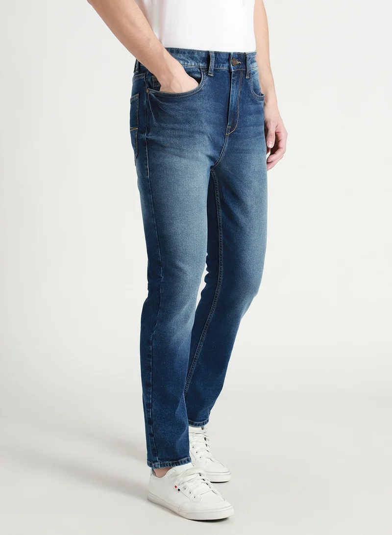 Dennis Lingo Men's Mid Blue 100% Cotton Solid Pattern Full Length Straight Fit Jeans