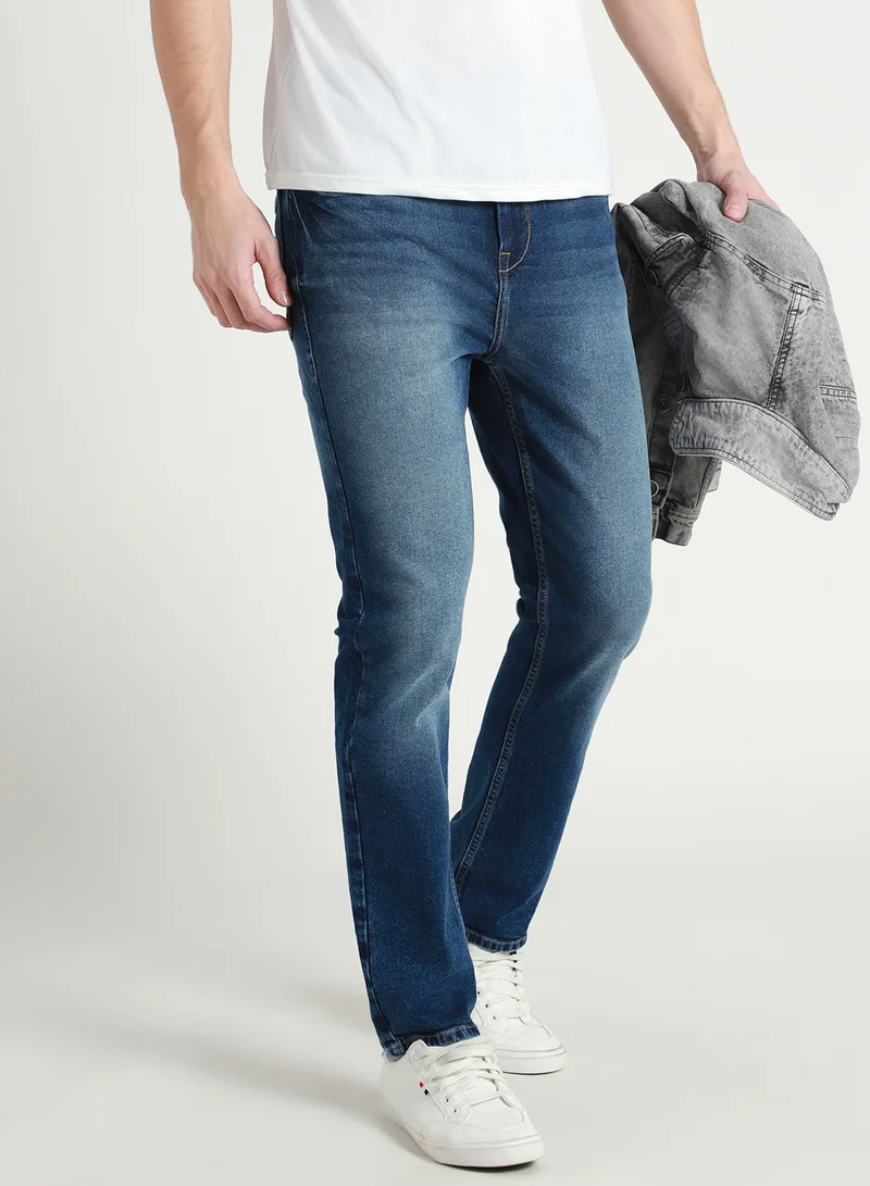Dennis Lingo Men's Mid Blue 100% Cotton Solid Pattern Full Length Straight Fit Jeans