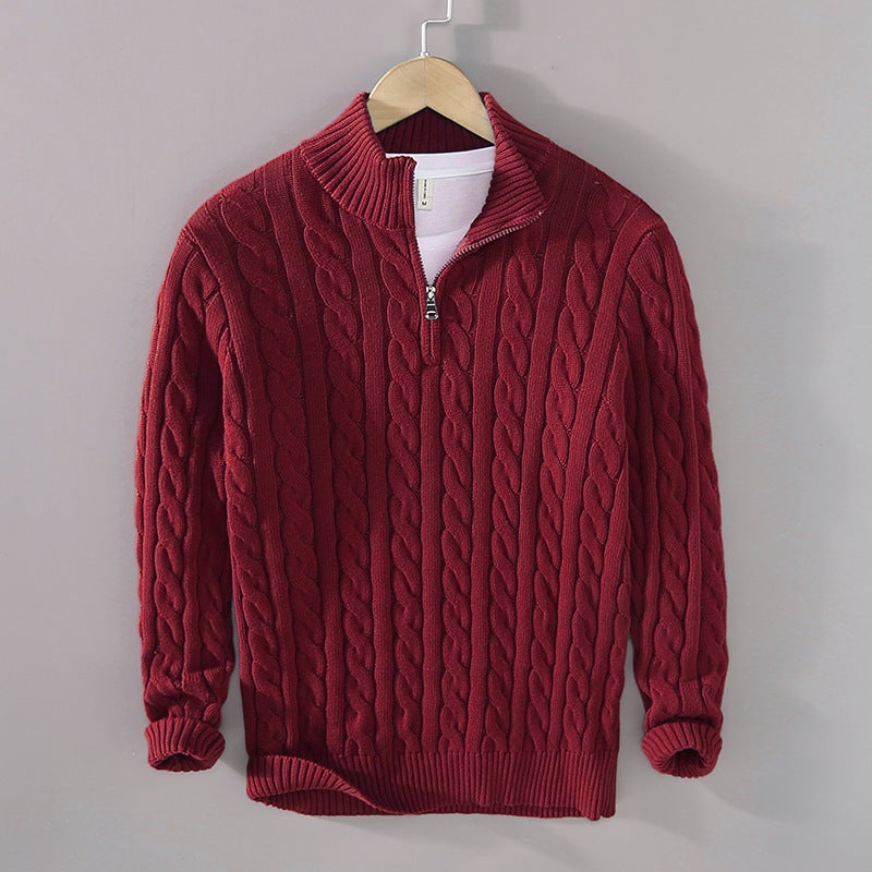 Thick Knit Mens Sweater Autumn Winter Casual Pullover Wine red - Image 1
