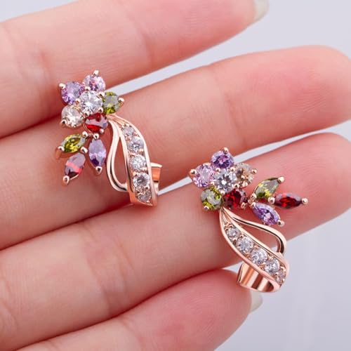 BISAER Rose Gold Plated Flower Stud Earrings Multicolor Cubic Zirconia Earrings for Women CZ Jewelry Gifts Colorful CZ Earring - Image 4