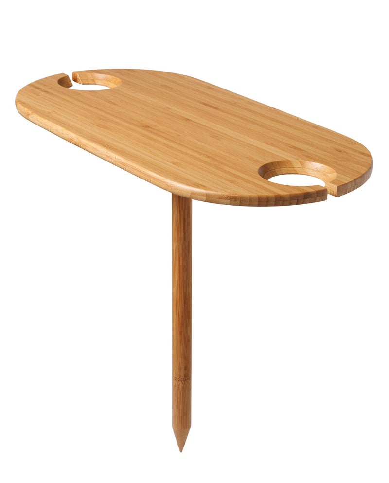 Tovolo Outdoor Wine Holder Bamboo Table Holds 2 Wine Glasses Collapsible Table With Ground Stake Outdoor Wood Table  Wine Glass Holder for Outdoor Entertaining