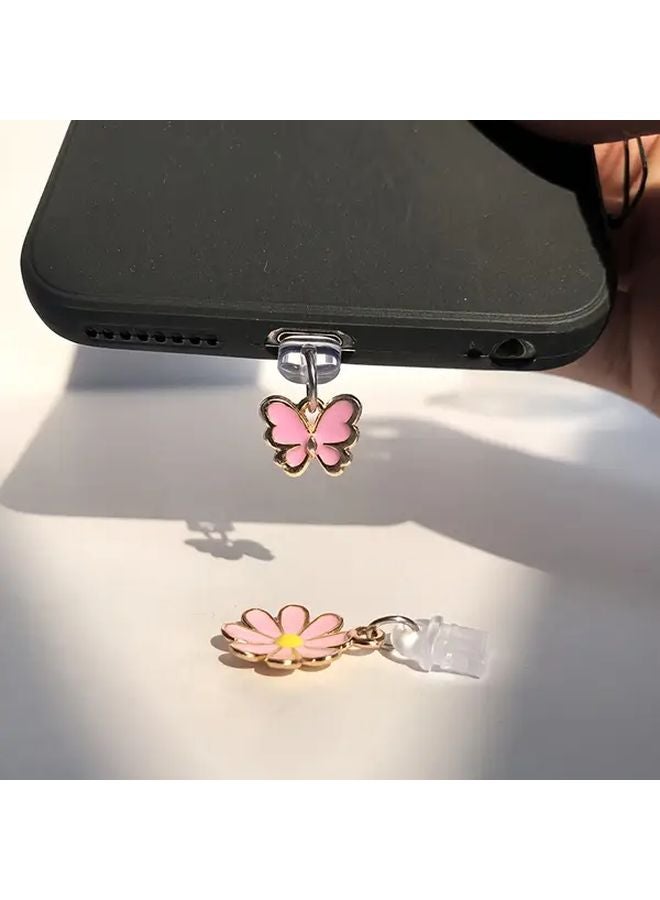 2pcs Pink Flower Butterfly Phone Dust Plug For Type C Charging Port Anti Dust - Image 1