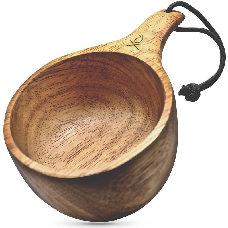 berleben Dursten Lore Kuksa Wooden Mug  Handcarved 12oz Wooden Cup Lightweight Camping Bowl and Hiking Coffee Mug Traditional Nordic Bushcraft Gear with Lanyard and Carabiner