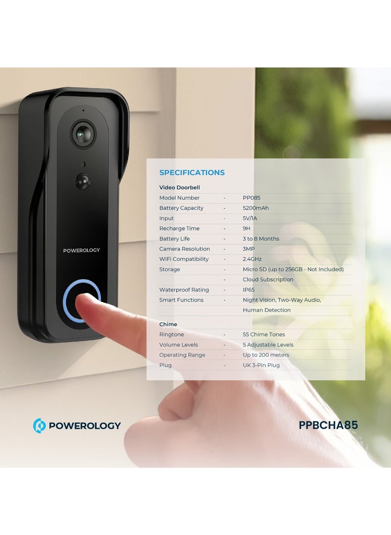 Powerology Smart Doorbell Camera 3mp with Chime Suitable for Night / Two-Way Audio / Door Bell / 33 Chime / Water Resistant / 3MP Camera Safety Doorbell - Black  - Image 1
