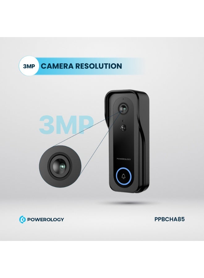 Powerology Smart Doorbell Camera 3mp with Chime Suitable for Night / Audio / Door Bell / 33 Chime / Water Resistant / 3MP Camera Safety Doorbell - Black - Image 3