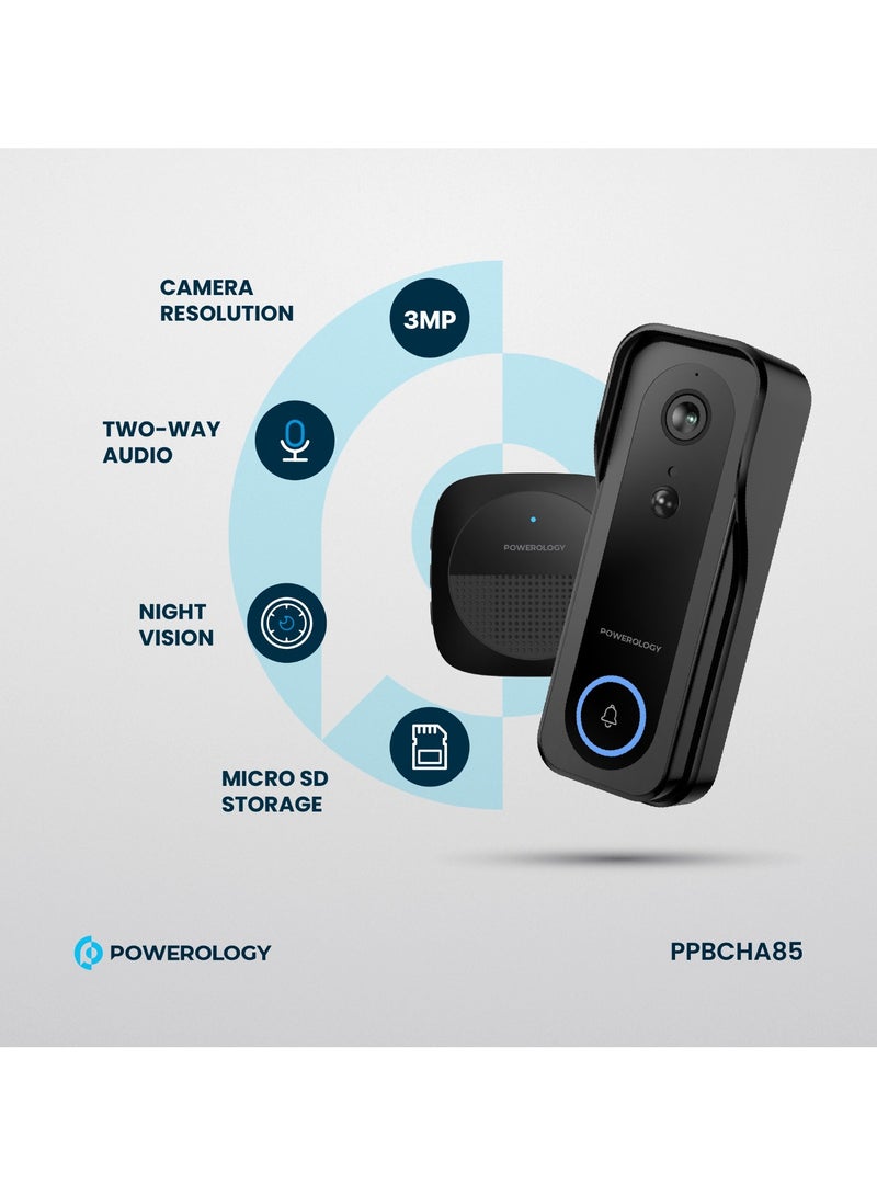 Powerology Smart Doorbell Camera 3mp with Chime Suitable for Night / Audio / Door Bell / 33 Chime / Water Resistant / 3MP Camera Safety Doorbell - Black - Image 2