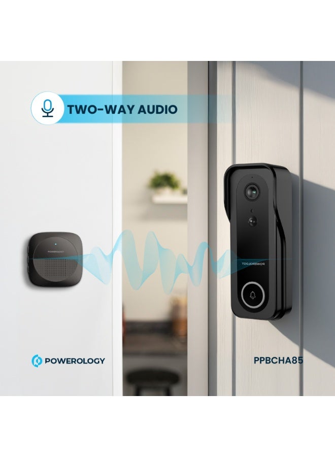Powerology Smart Doorbell Camera 3mp with Chime Suitable for Night / Audio / Door Bell / 33 Chime / Water Resistant / 3MP Camera Safety Doorbell - Black - Image 4