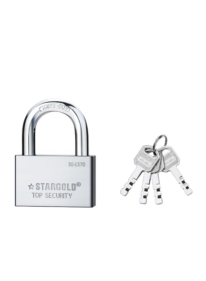 ستارجولد قفل أمان علوي 70 مم، مصنوع من الفولاذ الصلب المقاوم للقطع والحفر، مزود بأربعة مفاتيح، وقيد من الفولاذ المنغنيز المقاوم للصدأ، للاستخدام في المنزل والبوابات والجراجات والاستخدام الخارجي، SG-LS70 - Image 1