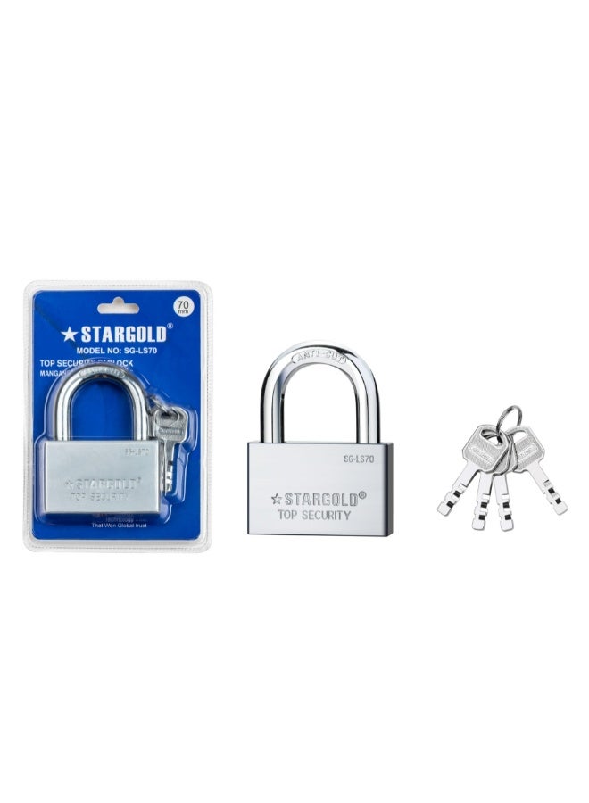 ستارجولد قفل أمان علوي 70 مم، مصنوع من الفولاذ الصلب المقاوم للقطع والحفر، مزود بأربعة مفاتيح، وقيد من الفولاذ المنغنيز المقاوم للصدأ، للاستخدام في المنزل والبوابات والجراجات والاستخدام الخارجي، SG-LS70 - Image 2