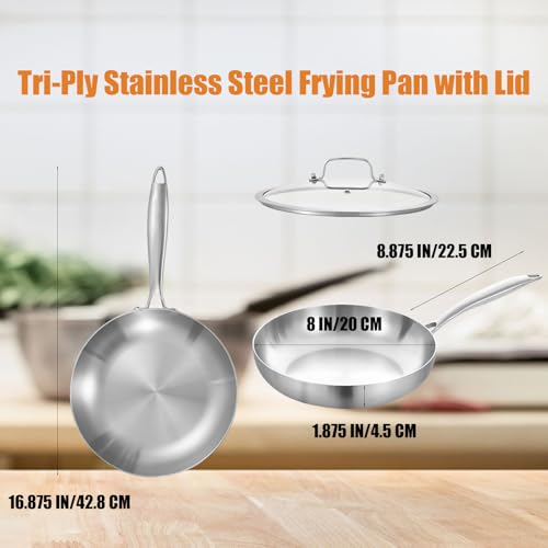 Inqibee 8 Inch Stainless Steel Frying Pan with Lid, Tri-Ply Clad Small Skillet, Induction Ready & Compatible with All Cooktops, Oven and Dishwasher Safe, Non-Toxic PFOA-Free Cookware - Image 5