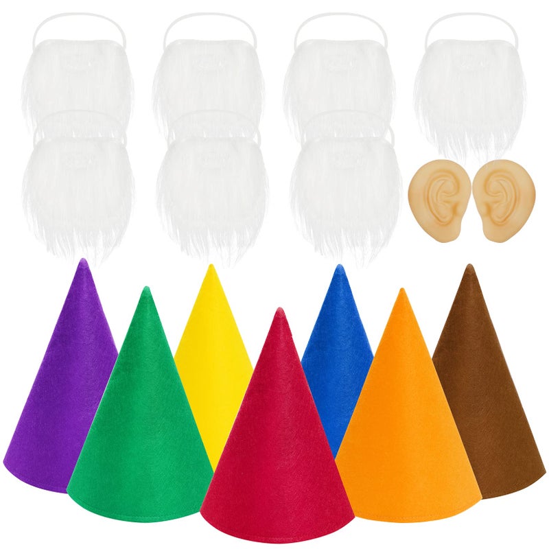 16 Packs Gnome Costume Sets 7 Pcs Felt Cone Dwarf Hats 7 Pcs White Fake Beard and 2 Pcs Fake Ears for Halloween Christmas Party Cosplay Style 2
