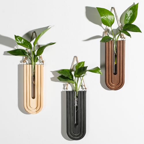 Dnnnii Indoor Wood Wall Planter Set of 3 for Plants - Boho Handmade Hanging Propagation Station with Curved Rainbow Design, Wall Mounted Vase for Flowers, Natural Home Decor Living Room Entryway - Image 1
