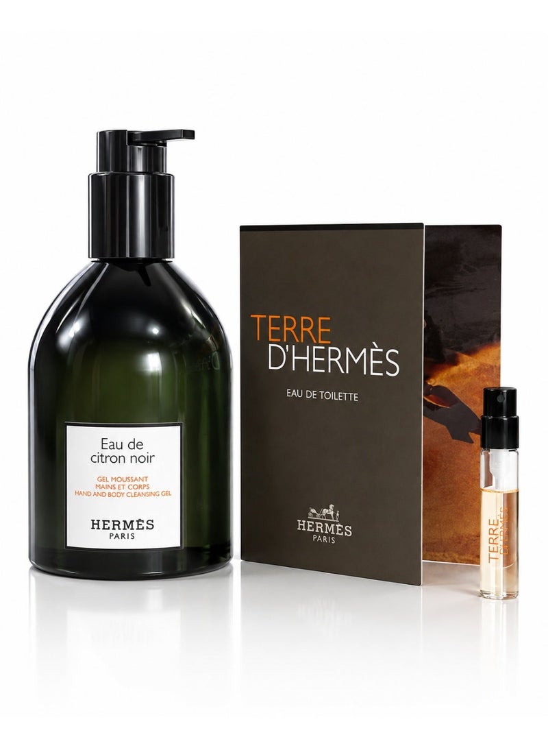 Hermes gift set consisting of (shower gel and body care - Eau de Citron Noir 300ML+ Terre d'Hermès perfume sample 2ml) 300ml - Image 1