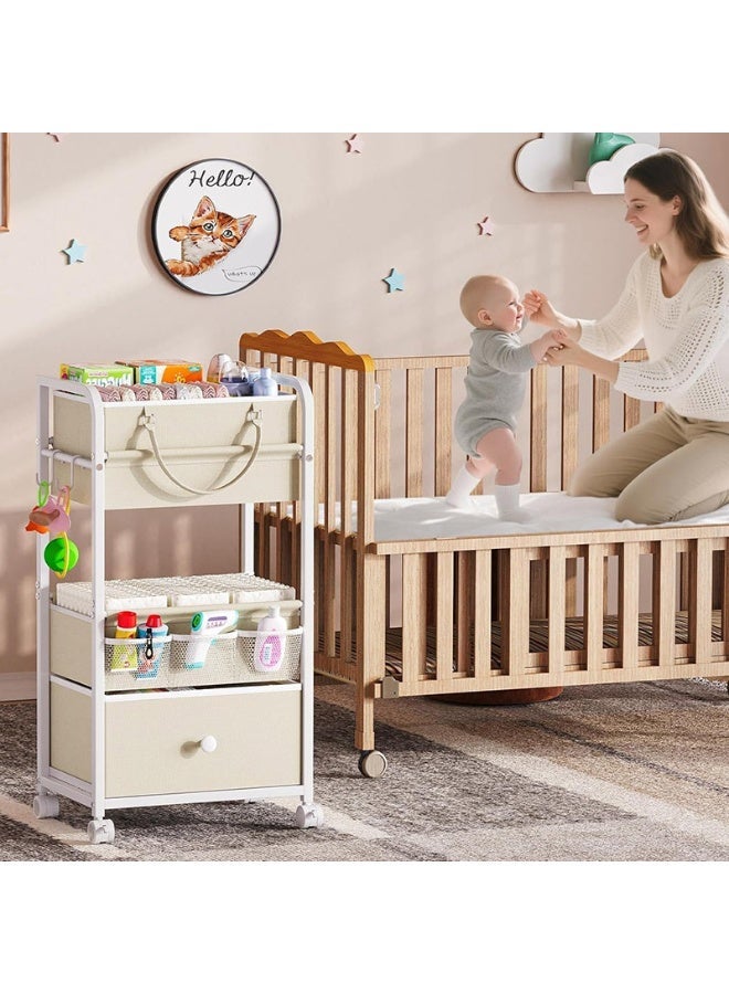 والالا 2In1 Baby Diaper Caddy Organizer and Storage, 3 Tier Rolling Cart with Drawer, Detachable Dividers, Mobile Utility Cart Baby Dresser Clothes Organizer for Crib, Bedroom - Image 2