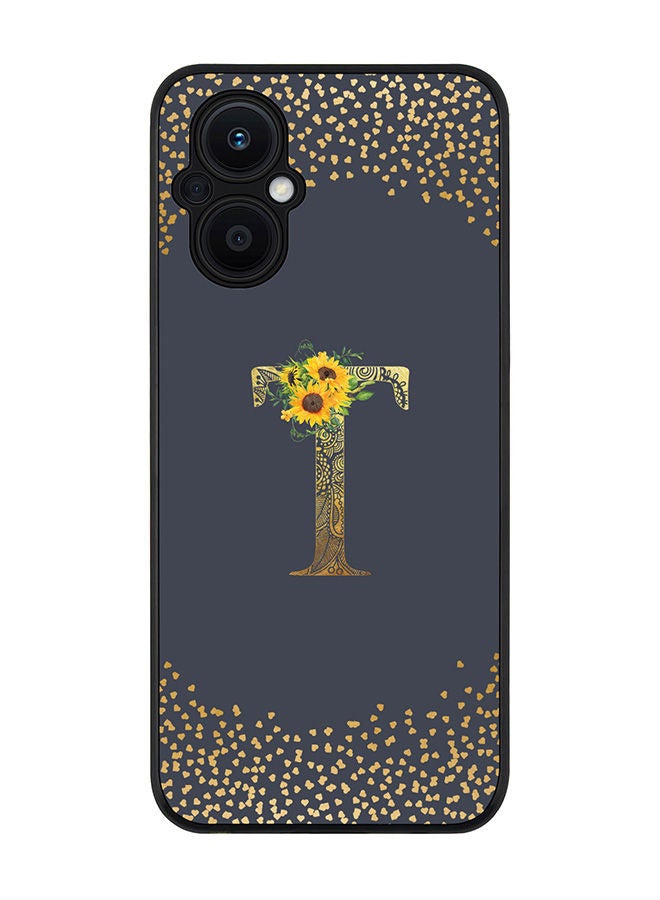 Stylizedd Rugged Black edge case for Oppo Reno7 Z  Slim fit Soft Case Flexible Rubber Edges Anti Drop TPU Gel Thin Cover - Custom Monogram Initial Letter Floral Pattern Alphabet - T (Grey ) - Image 1