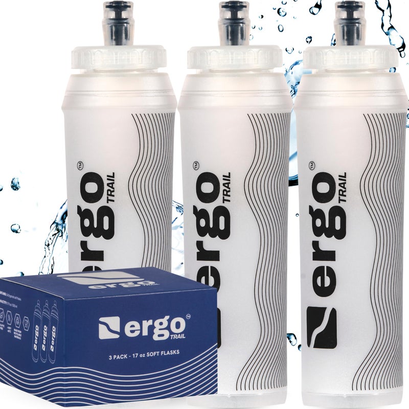 Ergotrail Soft Flask 500ml 3 Pack â€“ Leak-Free Running Water Bottles for Runners, Hikers & Athletes â€“ Bite Valve, Wide-Mouth, Freezable Soft Water Bottles for Running Vests Wide Mouth - Image 1