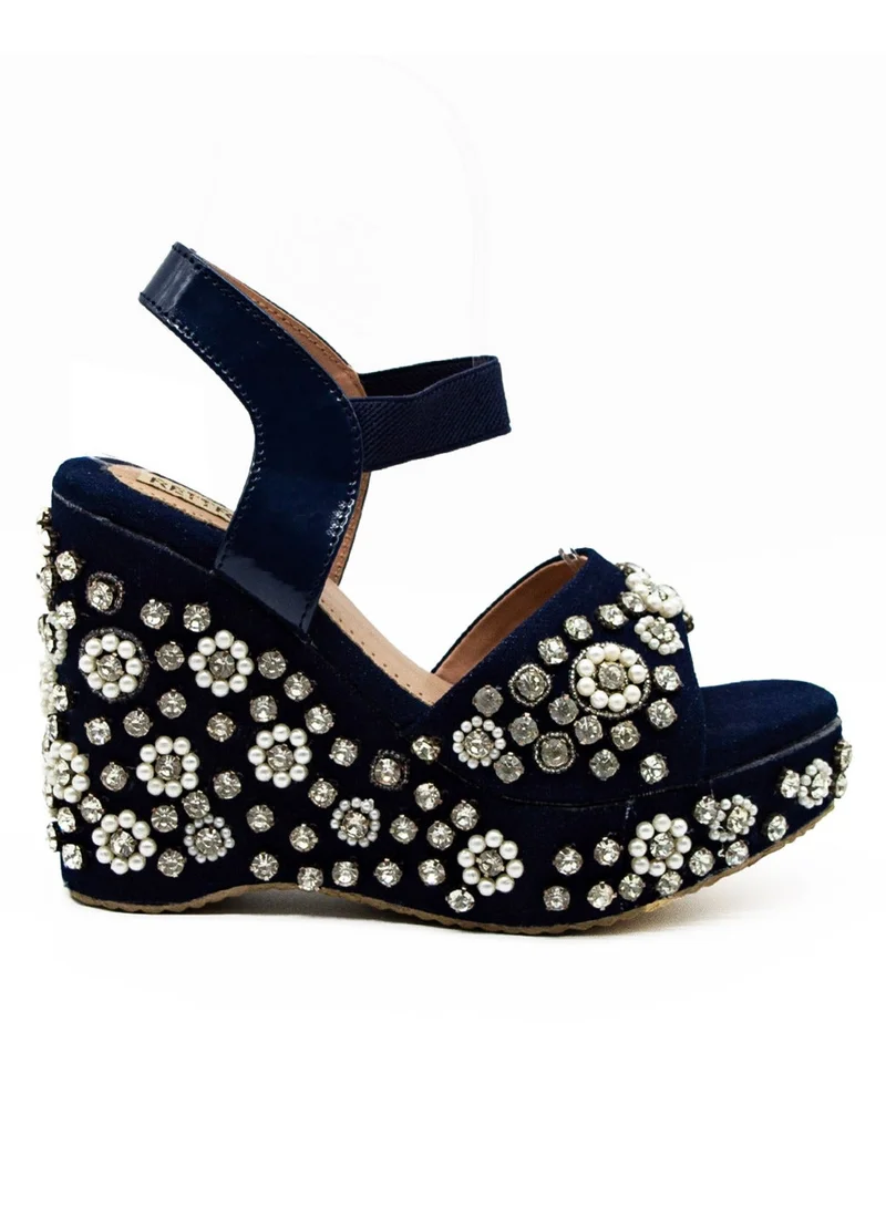 RETTROSE The Maria Navy Suede Handmade Embellished Women’s Wedge Heels – Luxury Design by RETTROSE