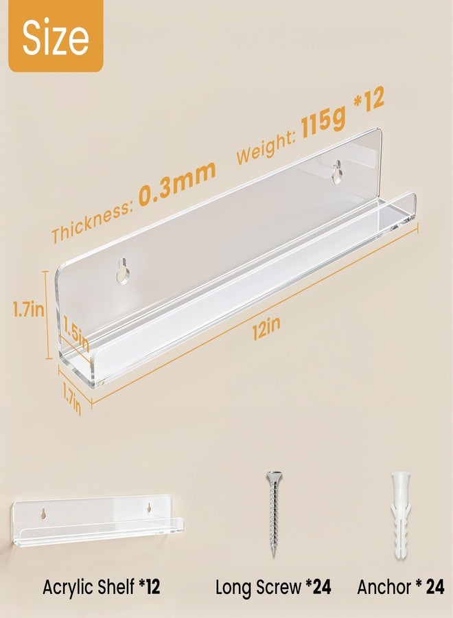 Laurensory 12 Pack Vinyl Record Shelf Wall Mount Shelves, 12 inch Clear Acrylic Vinyl Record Holder Display, Floating Shelves for Wall Decor, Magazine Rack, Kids Bookshelf, for Bedroom, Living Room - Image 4