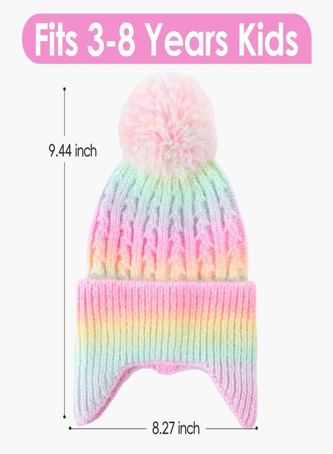 ACTLATI Toddler Earflap Beanie Hat with Rainbow Pom for Little Girls Knitted Beanies Kids Winter Skiing Caps Age 3-8 - Image 3