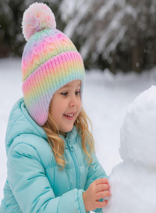 ACTLATI Toddler Earflap Beanie Hat with Rainbow Pom for Little Girls Knitted Beanies Kids Winter Skiing Caps Age 3-8 - Image 2