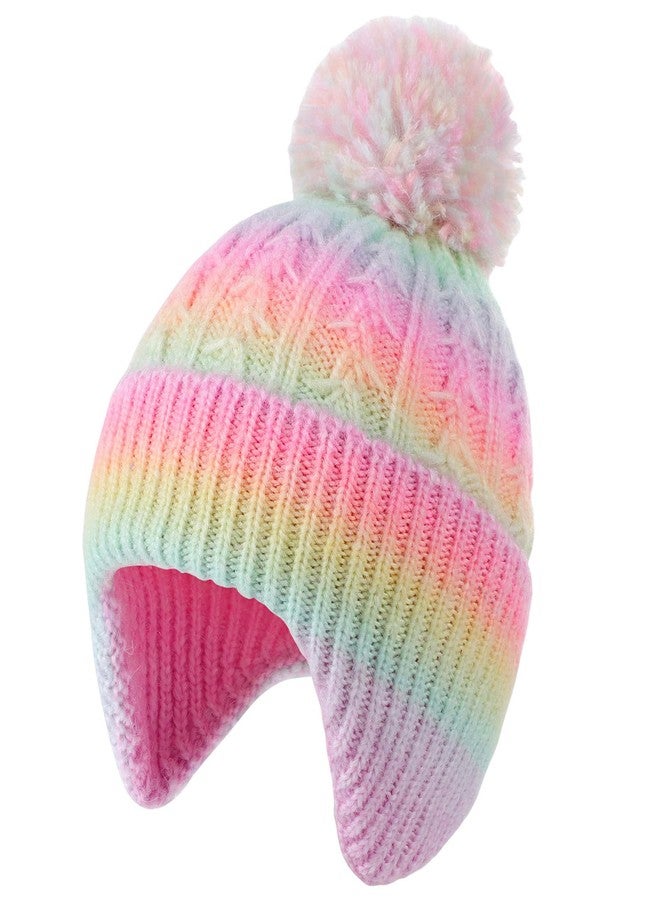 ACTLATI Toddler Earflap Beanie Hat with Rainbow Pom for Little Girls Knitted Beanies Kids Winter Skiing Caps Age 3-8 - Image 1