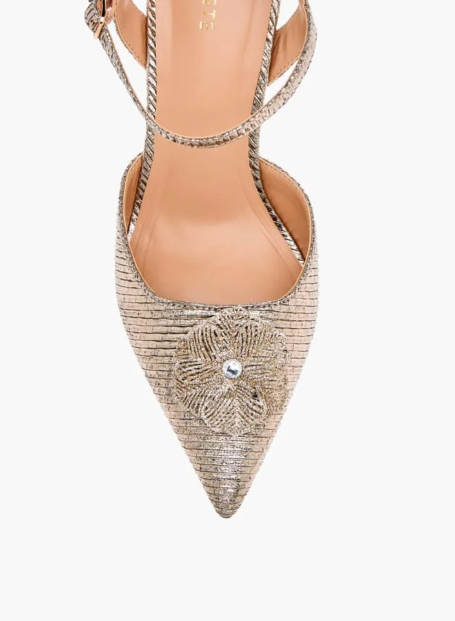 سيليست Womens Floral Applique Shoes With Stiletto Heels And Buckle Closure